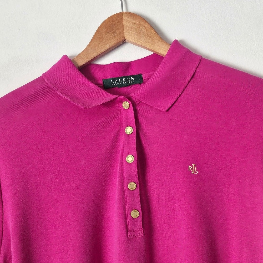 Lauren Ralph Lauren Monogram Polo Knit Collared Top Pink XL Preppy Country Club - Picture 3 of 9